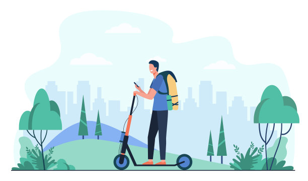 快乐微笑的男人在人行道上骑滑板车图片下载