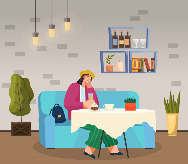 戴着帽子的时髦女孩喝着果汁，吃着纸杯蛋糕，坐在咖啡厅的软扶手椅上放松休息图片下载