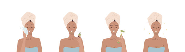 面部按摩的步骤。女人用玉石滚轮做脸部美容水疗。早晨例行公事。洗浴时间。皮肤护理的概念。有机产品。矢量插图在平面卡通风格图片下载