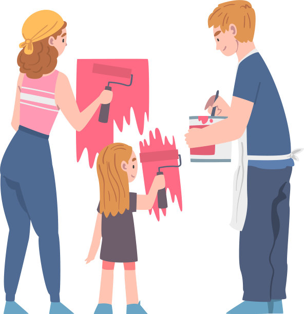 年轻的家庭和孩子拿着油漆滚筒做图片下载