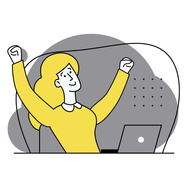 实现我们的目标。成功，出色的工作。这位快乐的年轻女子完成了任务，并在她的工作场所举起了双手。完成任务。现代平面插图。图片下载