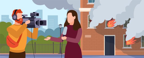 火灾现场报告。卡通人物在录制关于房子着火的报道。现场直播灭火新闻。电视广播新闻。矢量算子拍摄视频图片下载