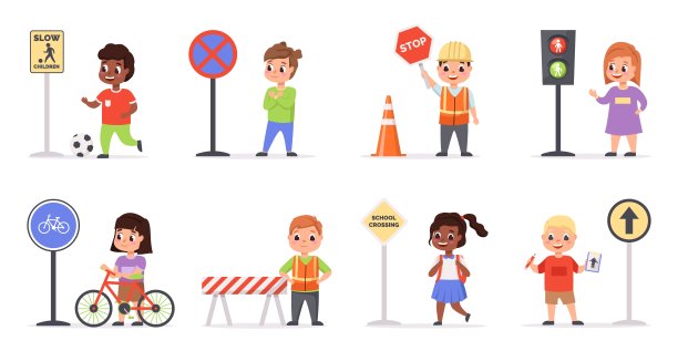 孩子们交通规则。安全行车，少年行人带标志，儿童教育场景，禁止，男孩和女孩带警告信号。人行横道调节向量集图片下载