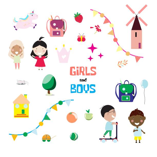 为男孩和女孩的一组物体。矢量插图。图片下载