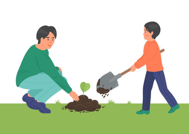 父亲与男孩种植心形植物图片下载