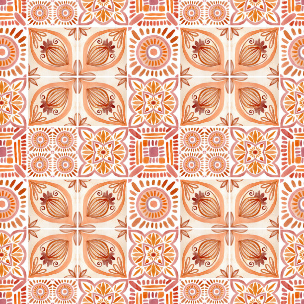 水彩陶瓦无缝图案。手绘抽象波西米亚插画。图片下载