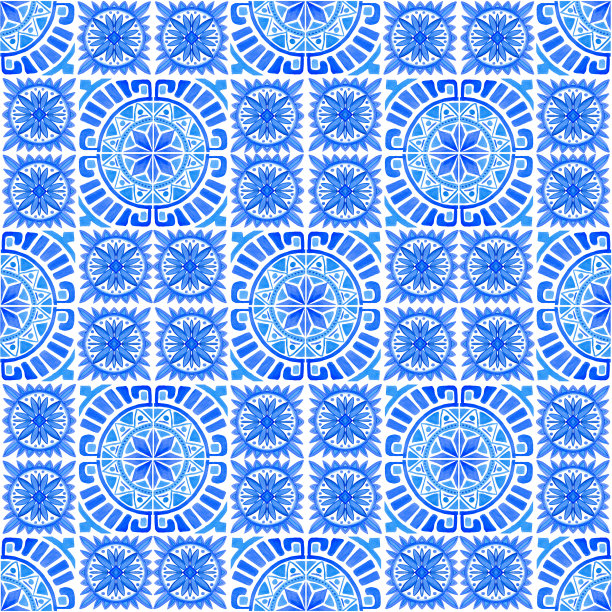 水彩蓝色瓷砖无缝模式孤立的白色背景。手绘民间装饰画。图片下载
