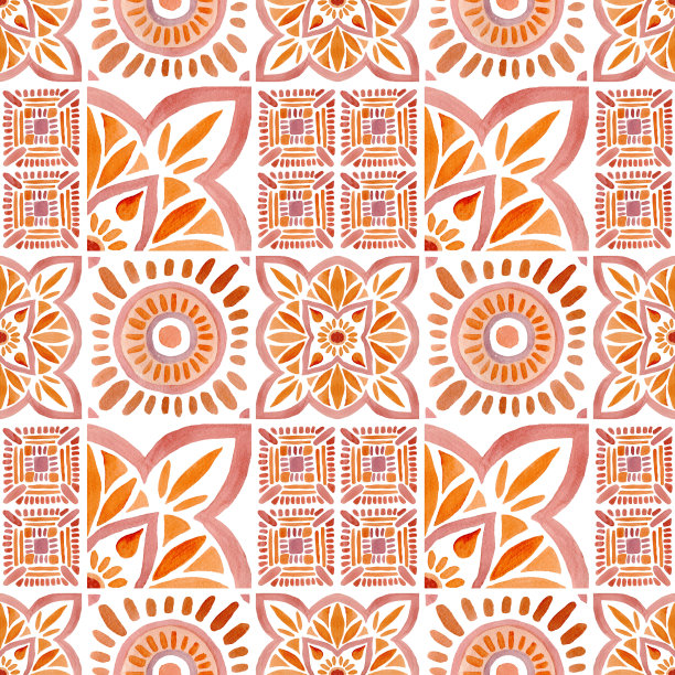 水彩陶瓦无缝图案。手绘抽象波西米亚插画。图片下载