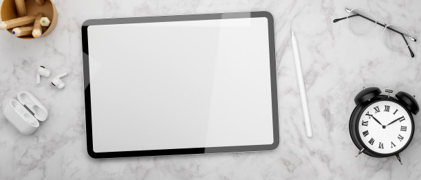 数字平板电脑模型屏幕，配件和时钟大理石桌上，3D渲染图片下载