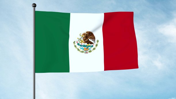 墨西哥国旗是一个垂直的三色绿色，白色，红色与国家盾状纹章在白色条纹的中心。图片下载