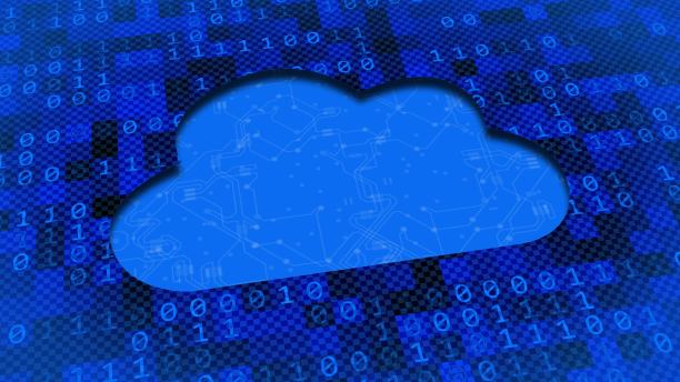 数字屏幕抽象图形背景-模糊电路板在切出作为数据云-二进制码马赛克方形元素与随机改变颜色图片下载