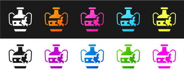 设置破碎的古代双耳图标孤立在黑色图片下载