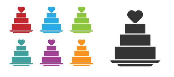 黑色婚礼蛋糕与心的图标孤立上图片下载