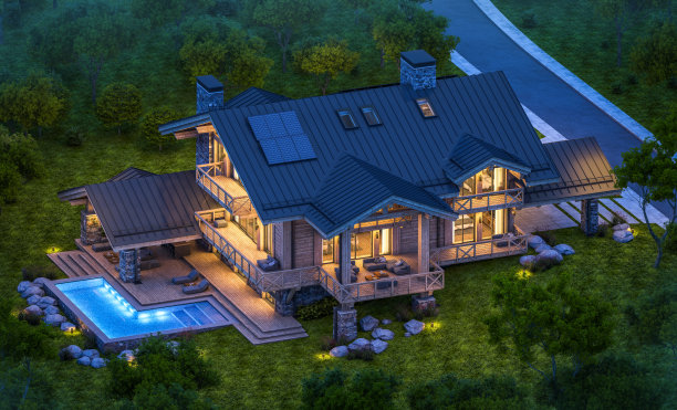 现代舒适的木屋在晚上的3d渲染图片下载