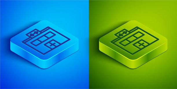 等距线体育馆建筑图标孤立在蓝色图片下载