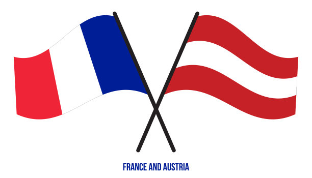法国和奥地利旗帜交叉和挥舞扁平风格。官方的比例。正确的颜色。图片下载