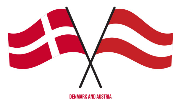 丹麦和奥地利旗帜交叉和挥舞的平面风格。官方的比例。正确的颜色。图片下载