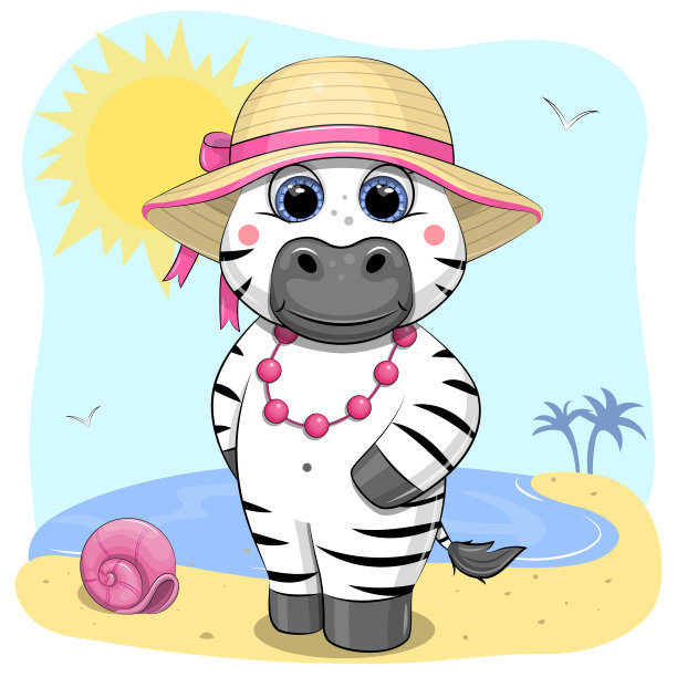 可爱的卡通条纹斑马戴着草帽和项链在海滩上。图片下载