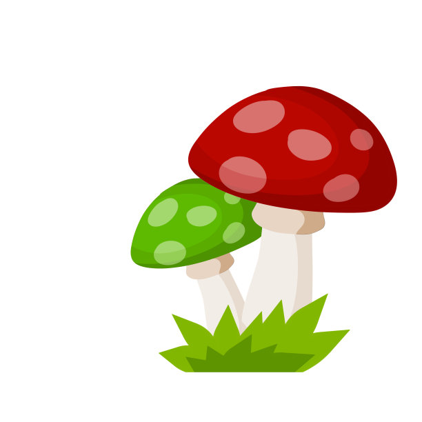 带绿色帽子的蘑菇。天然产品。植被元素的森林与绿色的草。平的卡通插图。有毒有毒植物图片下载