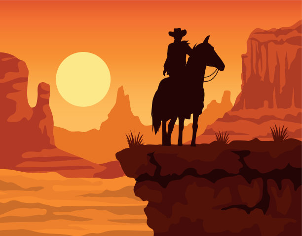牛仔身影的剪影在马的日落图片下载
