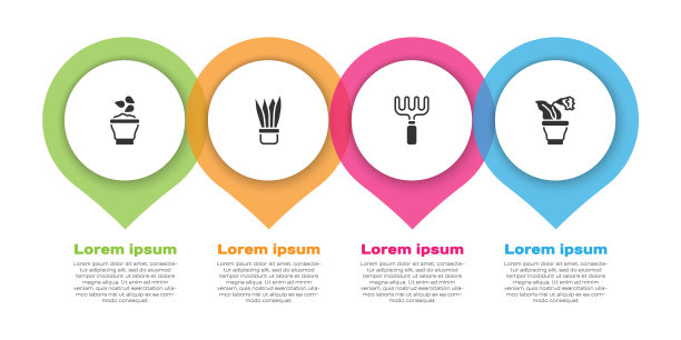 播种在碗，花盆，花园耙和花。业务信息模板。向量图片下载