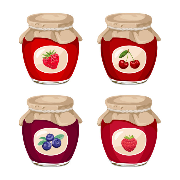 玻璃罐里的浆果果酱套装。矢量插图的樱桃，蓝莓，草莓和树莓果冻在卡通扁平风格。图片下载
