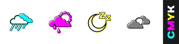 设置云与雨，太阳，时间睡觉和太阳云天气图标。向量图片下载