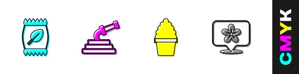 设置肥料袋，花园软管，仙人掌仙人掌在花盆和位置与花图标。向量图片下载