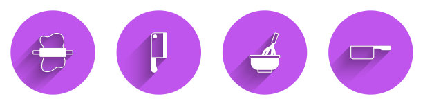 把擀面杖放在面团上，切肉刀，打蛋器，碗和长阴影的炖锅图标。向量图片下载