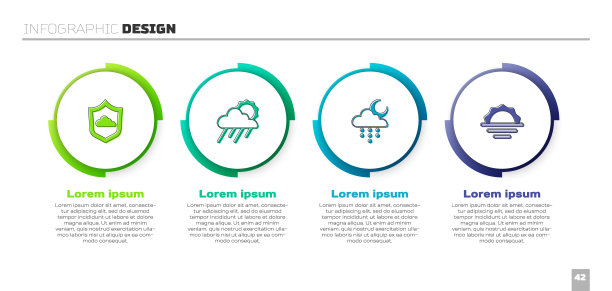 设置天气预报，云与雨，太阳，月亮和日出。业务信息模板。向量图片下载
