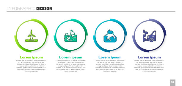 设置风力发电机，海洋污染问题，森林砍伐和汽车尾气。业务信息模板。向量图片下载