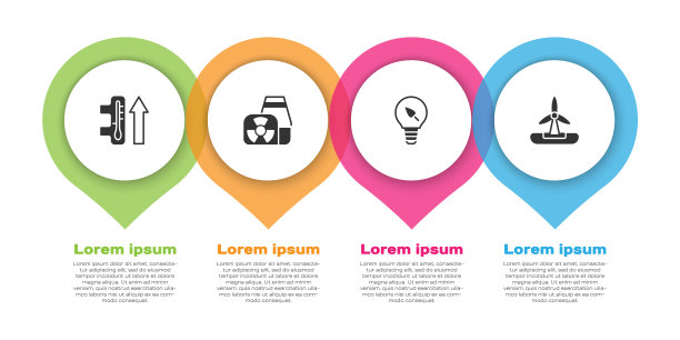 设置全球变暖，核电站，电灯泡与叶片和风力涡轮机。业务信息模板。向量图片下载