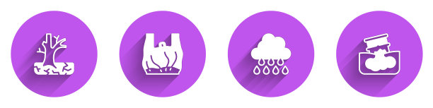 集枯树，对塑料袋说不海报，云与雨和桶漏油图标与长影子。向量图片下载