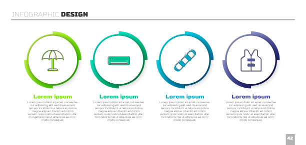 设遮阳伞、空调、滑雪板、救生衣。业务信息模板。向量图片下载