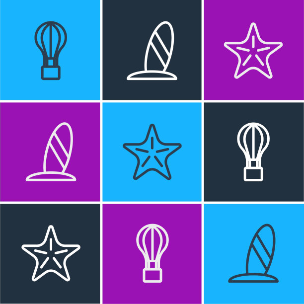 设定线热气球，海星和冲浪板图标。向量图片下载