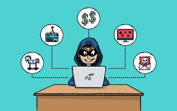 卡通向量的黑客与笔记本电脑，周围的图标。素描风格涂鸦彩色插图。图片下载