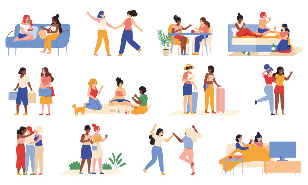 年轻的女朋友。女性朋友花时间一起散步，聊天和旅游，女孩活动矢量插图集。快乐的女性朋友图片下载