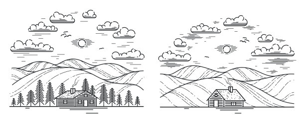 小屋在草地和草地线性的自然图片下载