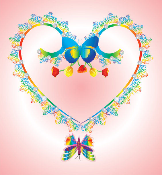 心形花边与蝴蝶和花朵图片下载