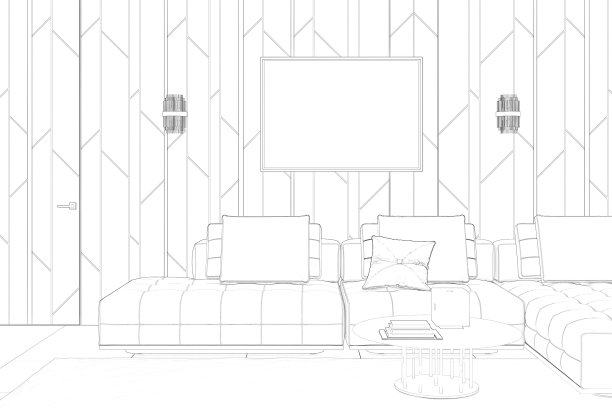 有一扇门的客厅草图，墙上嵌有两个壁灯，一张大沙发上方有一幅水平海报，一张带顶的咖啡桌，铺着瓷砖的地板上有一块地毯。图片下载