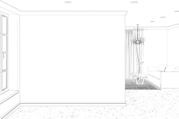 空白的走廊草图与窗户，空白的模型墙，拼花地板和客厅在背景。正面的看法。图片下载