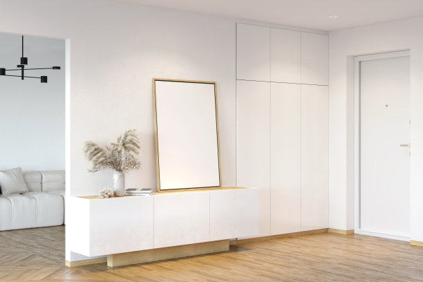 白色的门厅里有空白的垂直海报，餐具柜上有蒲苇，白色的衣柜，前门，通往客厅的门口，白色沙发上有一盏黑色的枝形吊灯。图片下载