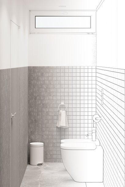 这幅草图变成了一个真正的现代狭窄的浴室，墙壁上有灰色马赛克，一扇窗户，一扇门对着马桶和坐浴盆，一个垃圾桶和一条毛巾。前视图。图片下载