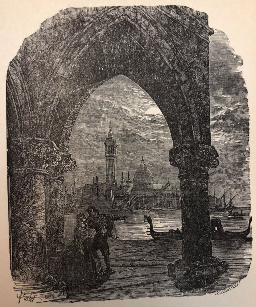 古董插图-诗歌托马斯摩尔-夫妇在月光附近的水和船图片下载