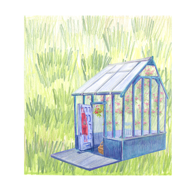 用彩色铅笔的手法在草地背景上布置绿色的房子和花朵。手绘。图片下载