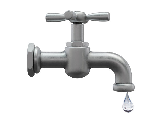 水龙头上有水滴，孤立上白。三维渲染图片下载
