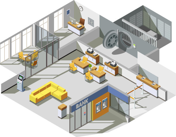 银行办公室内部等距构图图片下载
