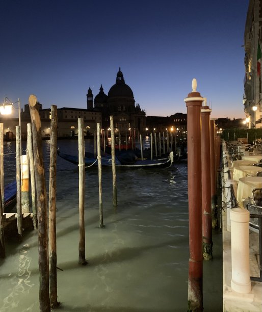 威尼斯意大利亚得里亚海-圣玛丽亚德拉敬礼大教堂在晚上和贡多拉图片下载