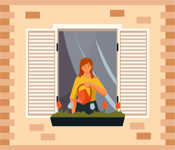 年轻女子在窗台上给室内植物浇水图片下载