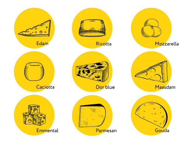 奶酪图标设置素描风格图片下载